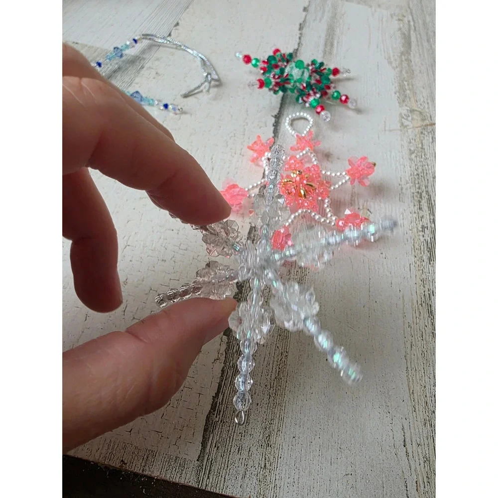 Vintage beaded star ornament pink blue Xmas tree pearls